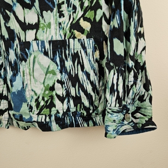 CHICOS Reversible Solid to Print Jacket Linen Blend Snap Front Pockets Sz 16/18 - Picture 3 of 10